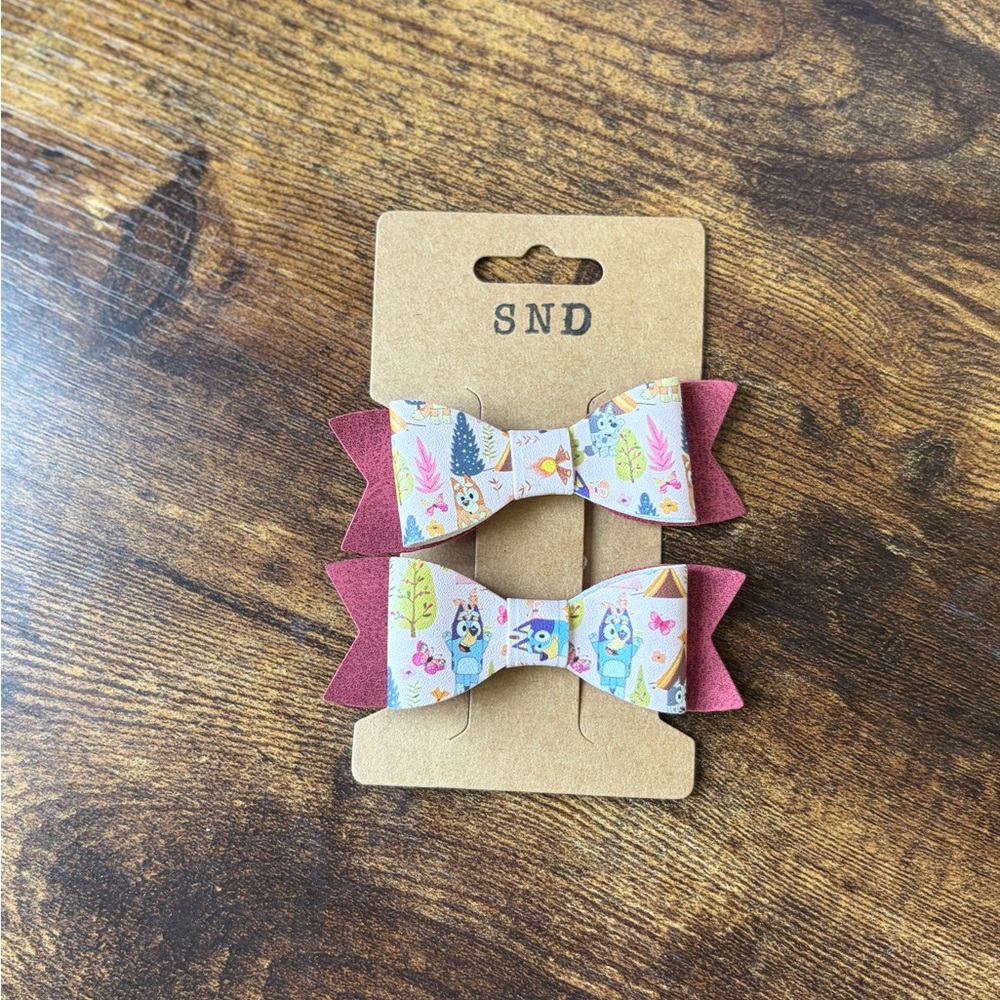 Handcrafted Kids Pink Woodland Blue Dog Bow Hair Clips - Set of 2
